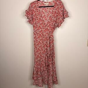 #72 MAX STUDIO Sz. M PTP 21" Floral High Low Ruffle Wrap Dress